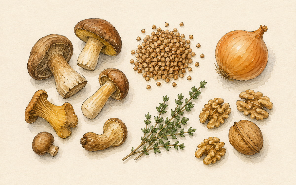 Ingredientų iliustracija receptui „Grybų ir grikių troškinys su svogūnais“