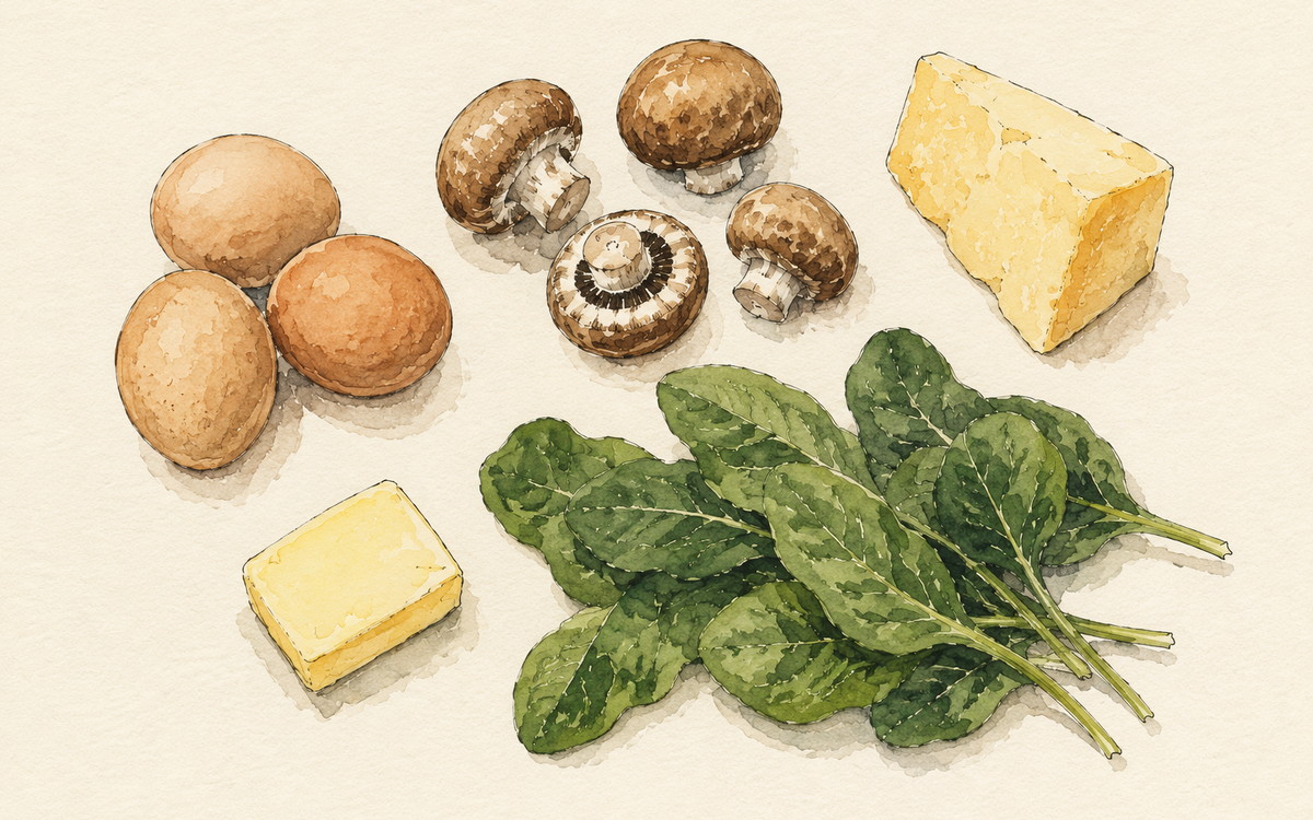 Ingredientų iliustracija receptui „Grybų omletas, kuris vakarienę padaro per dvylika minučių“