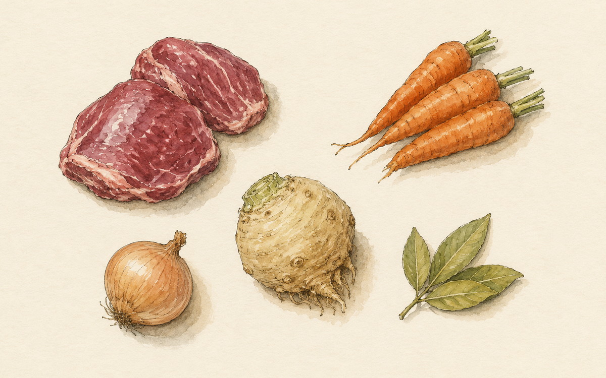 Ingredientų iliustracija receptui „Jaučio žandai, kurie dirbo ilgiau negu tu“