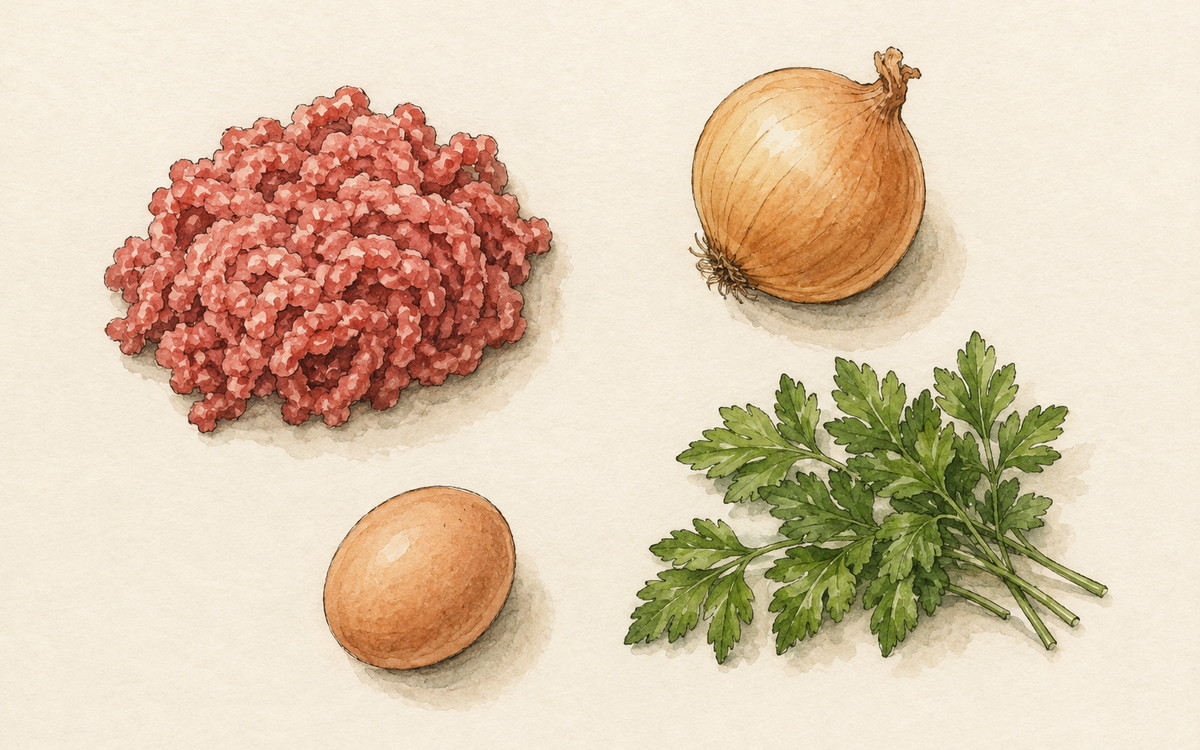 Ingredientų iliustracija receptui „Jautienos kukuliai, kurie išgelbsti blogai suplanuotą savaitę“