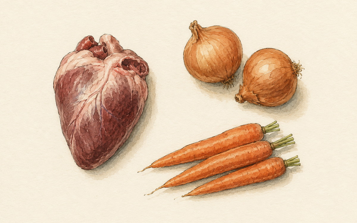 Ingredientų iliustracija receptui „Jautienos širdies troškinys žmogui, kuris manė jos nemėgstantis“