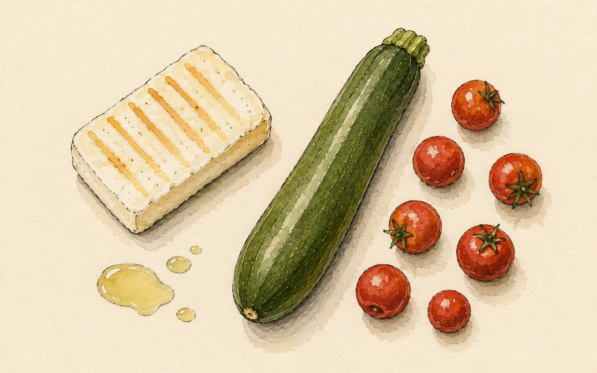 Ingredientų iliustracija receptui „Halloumi su cukinija: keptuvė, penkiolika minučių, jokių seminarų“