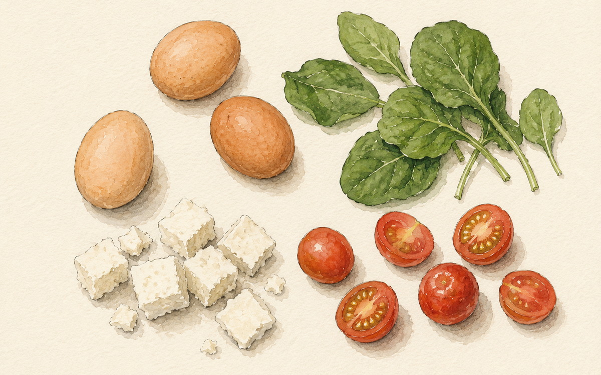 Ingredientų iliustracija receptui „Kiaušiniai su špinatais ir feta — vakarienė, kuri telpa į vieną keptuvę“
