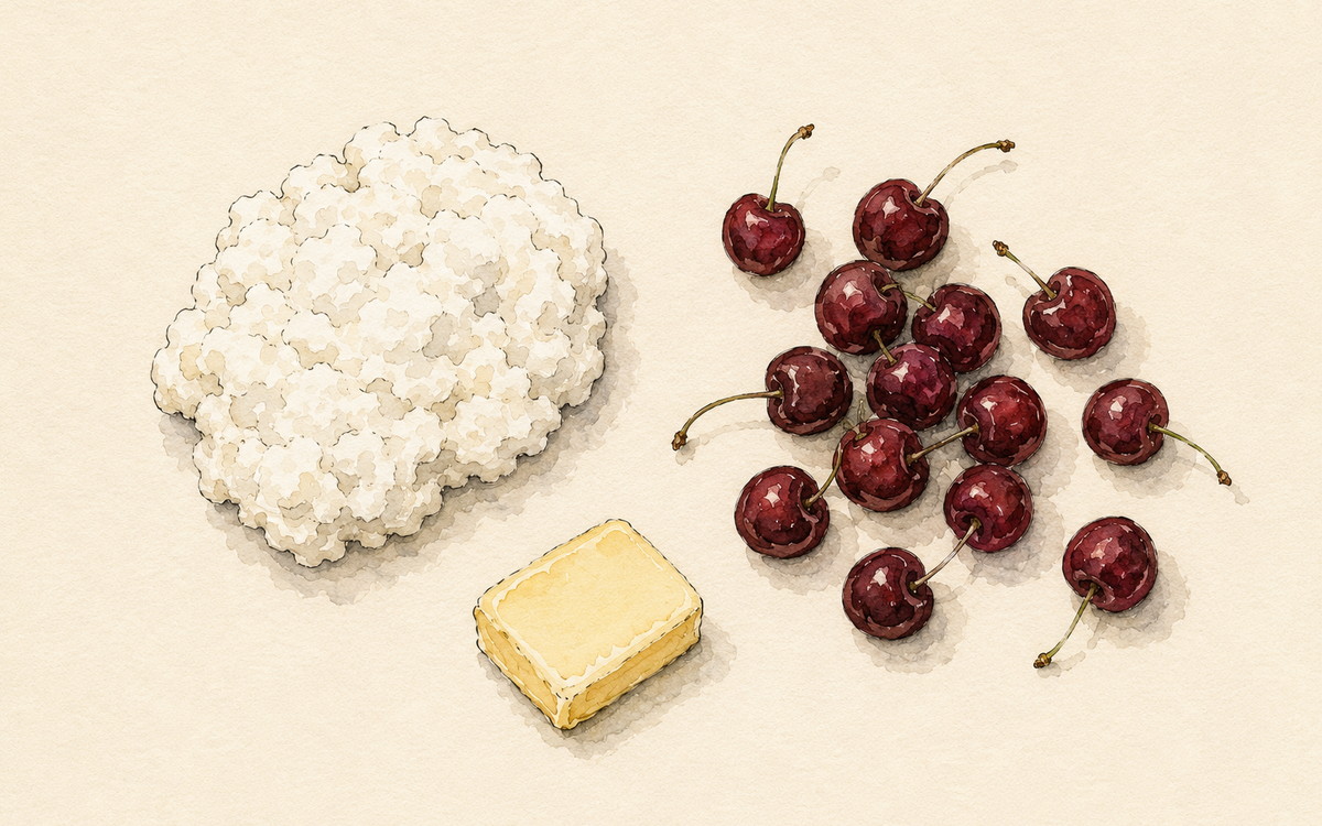 Ingredientų iliustracija receptui „Keptos varškės desertas su vyšniomis“