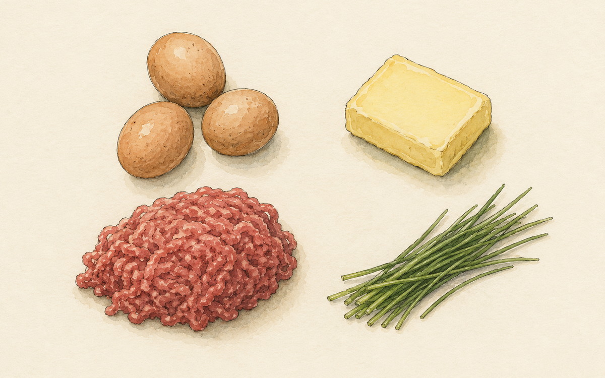 Ingredientų iliustracija receptui „Kiaušiniai su rudu sviestu ir traškiu faršu“