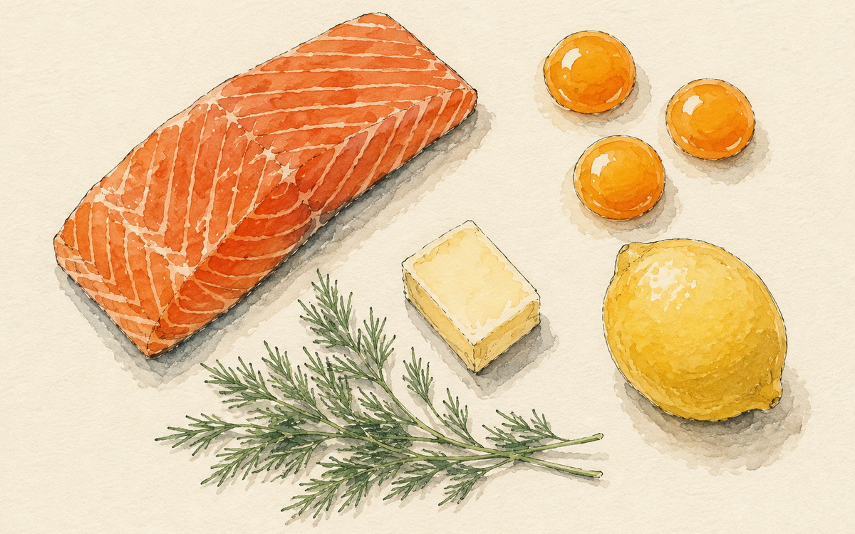 Ingredientų iliustracija receptui „Lašiša su trynio ir sviesto padažu, kurio nereikėtų palikti vieno su šaukštu“