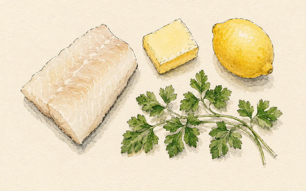 Ingredientų iliustracija receptui „Menkė, kuri neprimena sudrėkusio popieriaus“