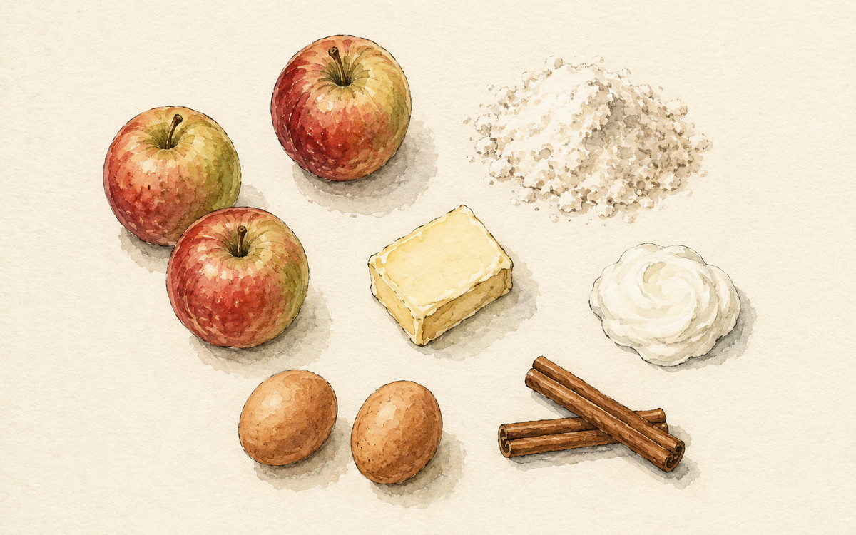 Ingredientų iliustracija receptui „Obuolių pyragas su grietine“