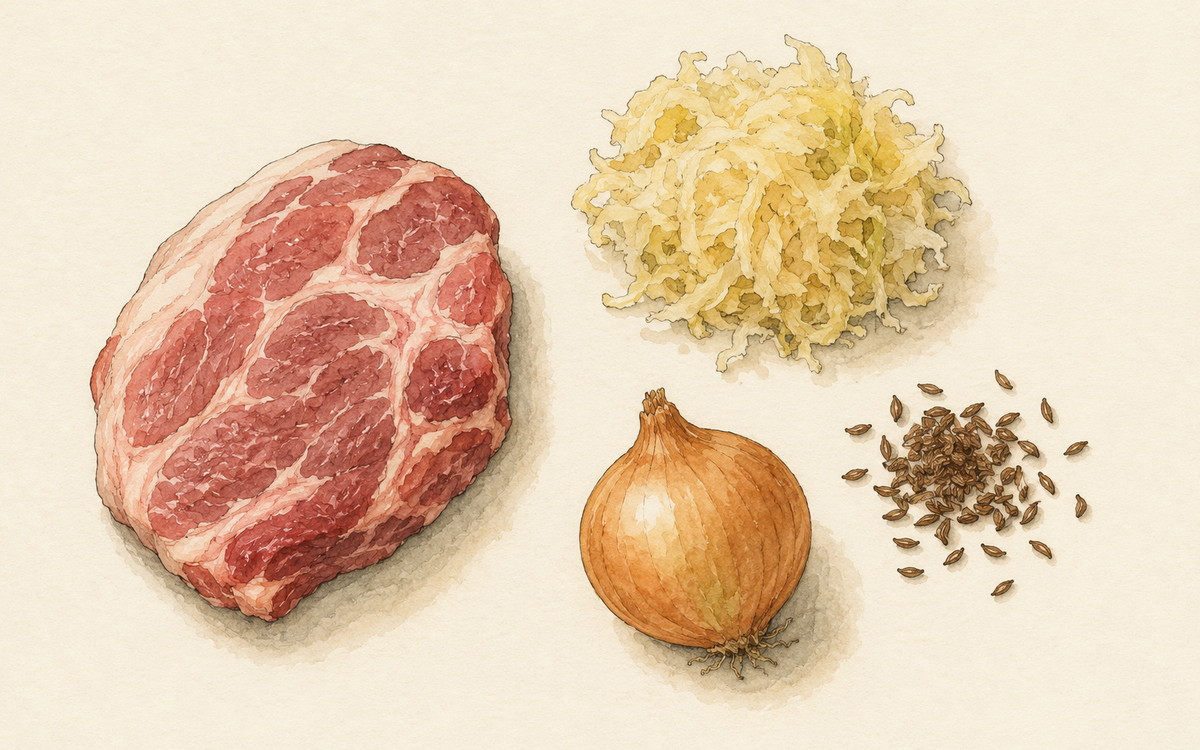 Ingredientų iliustracija receptui „Rauginti kopūstai su kiauliena ir kmynais“