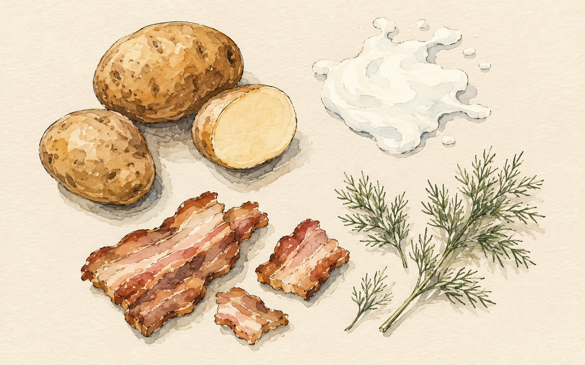 Ingredientų iliustracija receptui „Rūgpienis su bulvėmis ir spirgučiais“