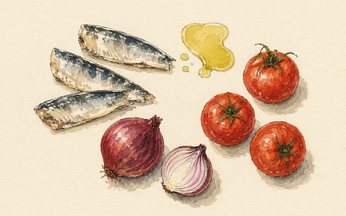 Ingredientų iliustracija receptui „Sardinių dubenėlis be „sveiko maisto“ bausmės“