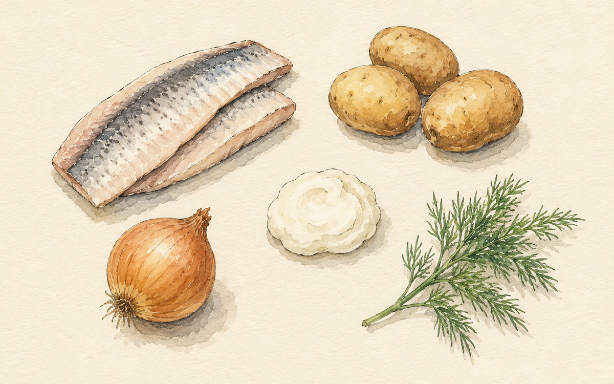 Ingredientų iliustracija receptui „Silkė su keptomis bulvėmis ir svogūnų grietine“