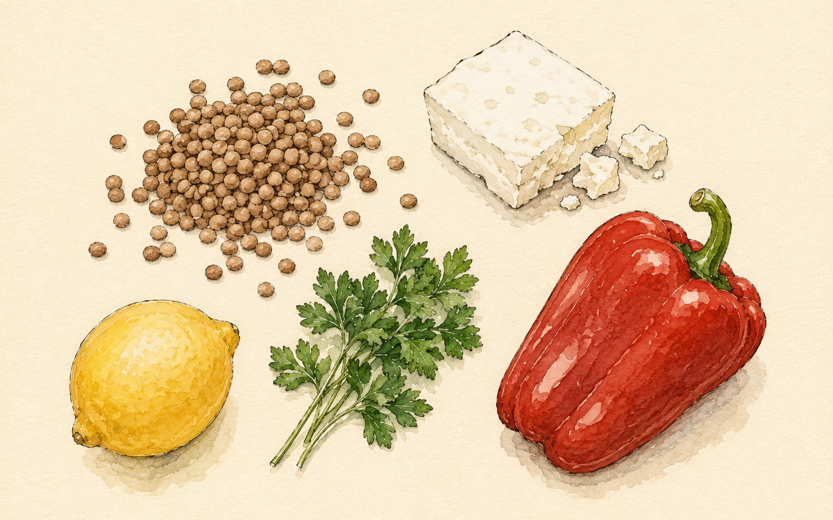Ingredientų iliustracija receptui „Šilti lęšiai su feta ir paprika — kai „mažiau angliavandenių“ nereiškia „bijau pupelės““