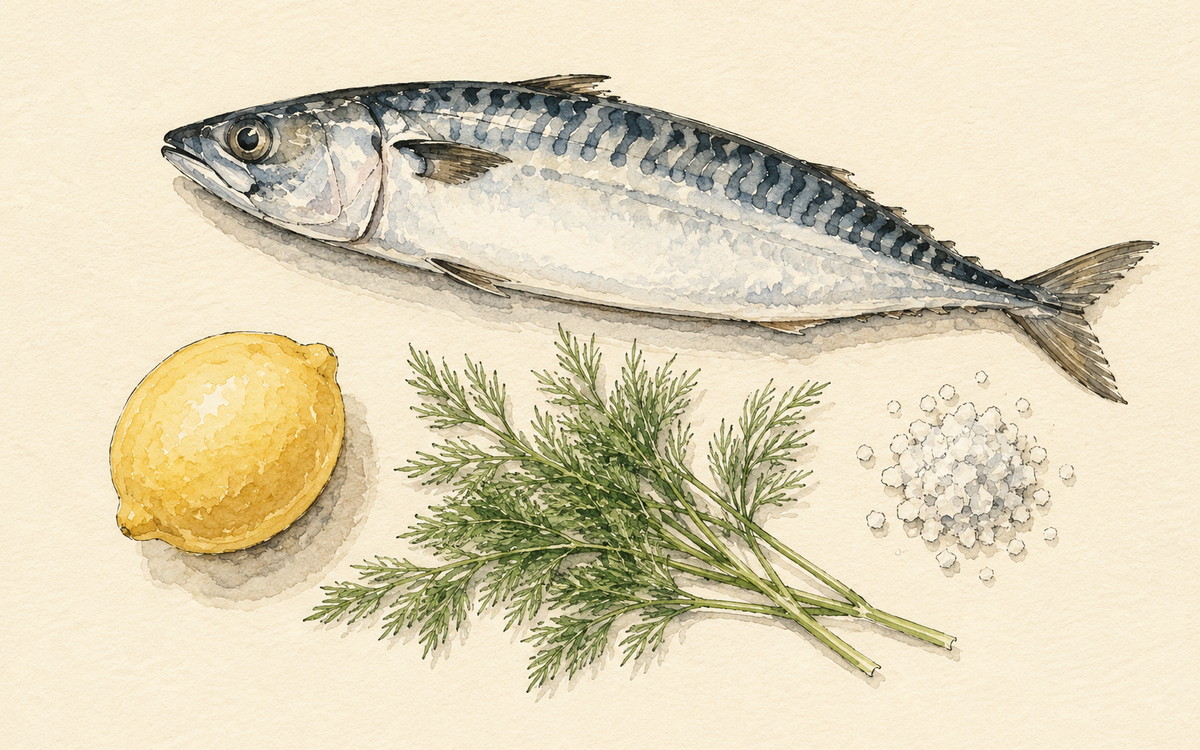 Ingredientų iliustracija receptui „Skumbrė su traškia odele ir be virtuvės kvapų dramos“