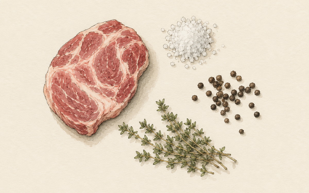 Ingredientų iliustracija receptui „Sprandinė, kuri beveik iškepa pati“