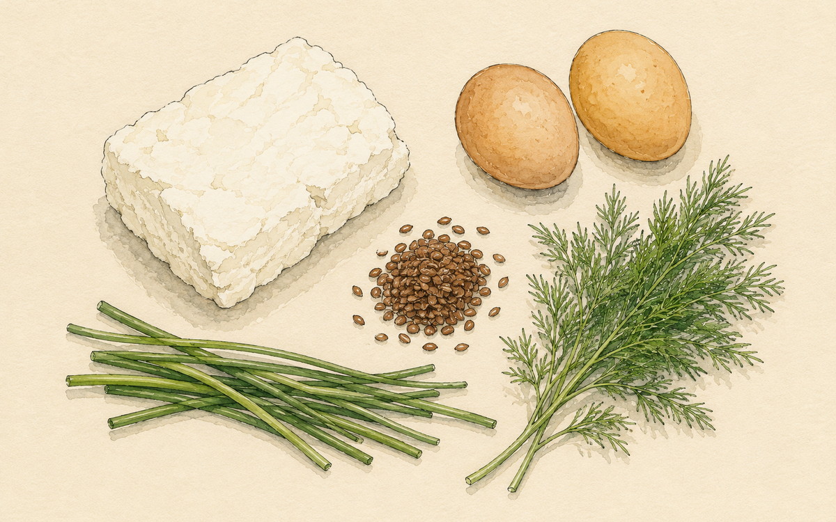 Ingredientų iliustracija receptui „Varškės kepsneliai su žalumynais, kurie neprivalo būti saldūs“