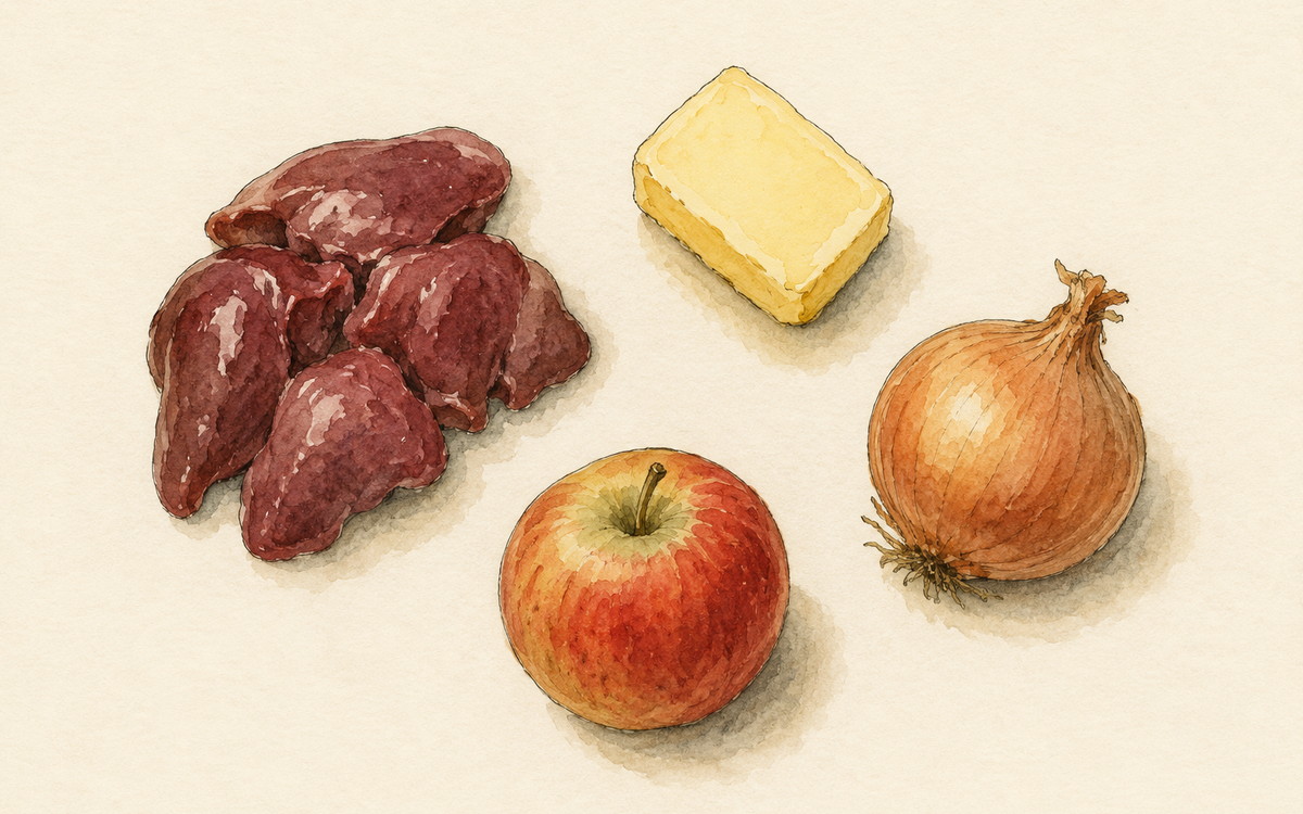 Ingredientų iliustracija receptui „Kepenėlių paštetas žmonėms, įsitikinusiems, kad nemėgsta kepenėlių“