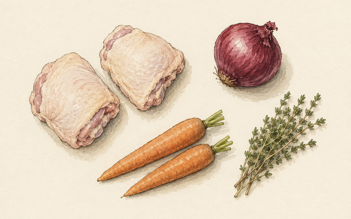 Ingredientų iliustracija receptui „Vištienos šlaunelės, kurios neprivalo atsiprašyti už krūtinėlę“