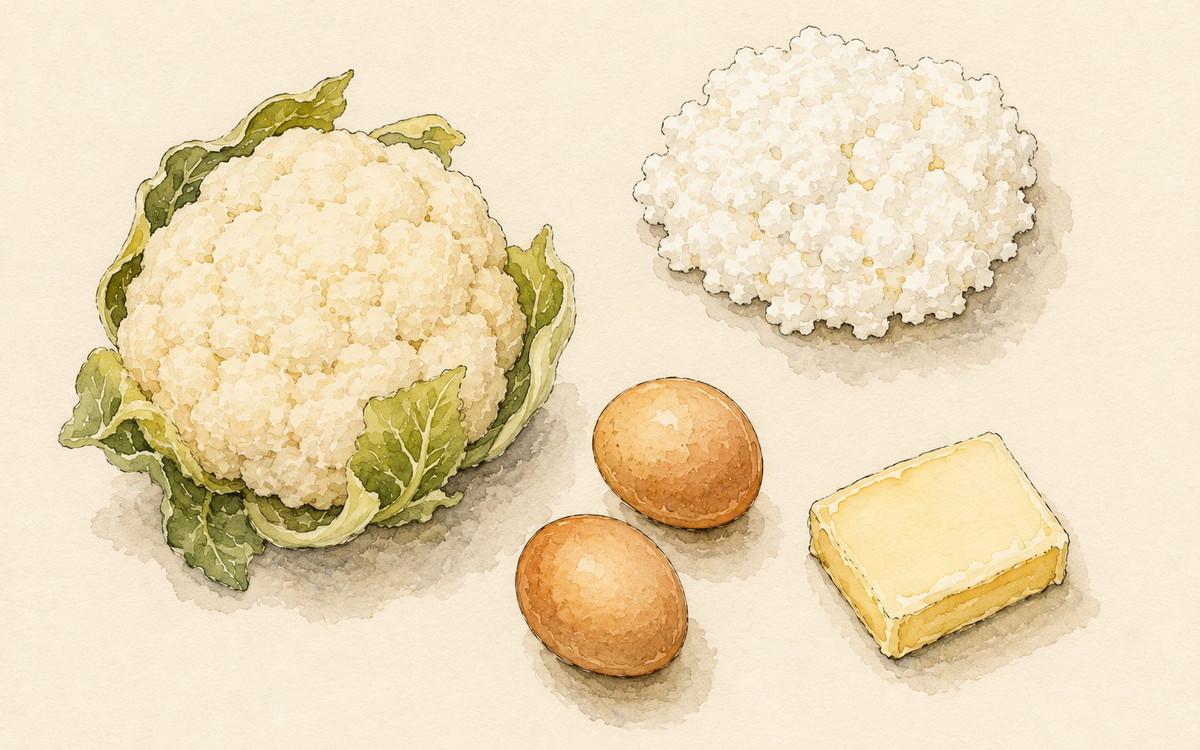 Ingredientų iliustracija receptui „Žiedinio kopūsto ir varškės apkepas be „dietinio“ liūdesio“